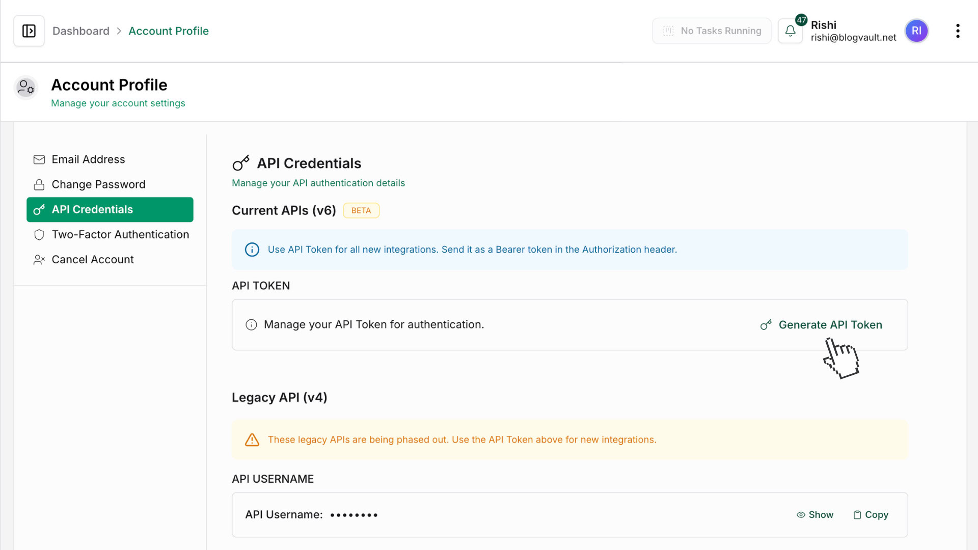 WP Remote Account Profile showing API Credentials and the Generate API Token option for Current APIs (v6)